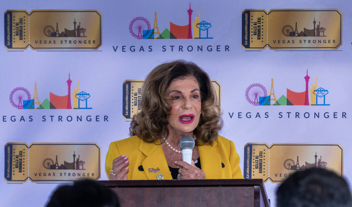 Mayor Shelley Berkely speaks during a homelessness press conference at Vegas Stronger and the n ...
