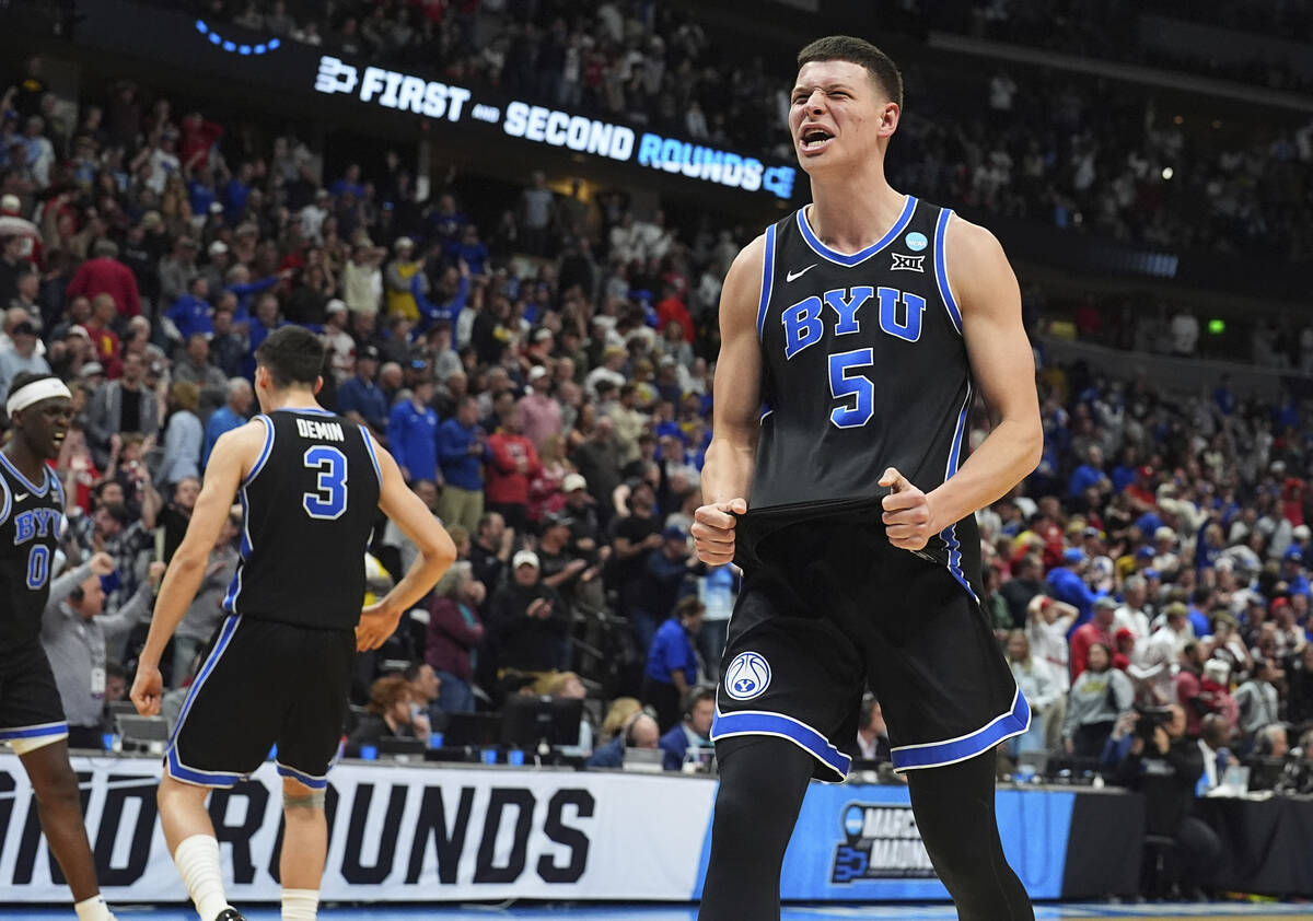 Brigham Young forward Mihailo Boskovic reacts after the second half against Wisconsin in the se ...