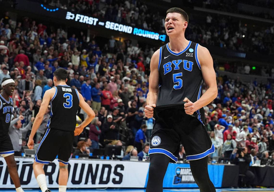 Brigham Young forward Mihailo Boskovic reacts after the second half against Wisconsin in the se ...