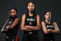 Las Vegas Aces' Jackie Young, from left, A'ja Wilson, and Kelsey Plum, at the Mandalay Bay Even ...