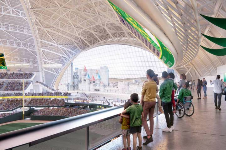 A rendering of an upper concourse social area of the Athletics' Las Vegas ballpark. (Courtesy: ...