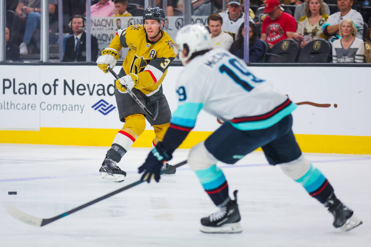 Golden Knights defenseman Brayden McNabb (3) passes off the puck during an NHL hockey game betw ...
