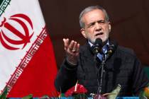 Iran President Masoud Pezeshkian speaks during a rally commemorating anniversary of 1979 Islami ...
