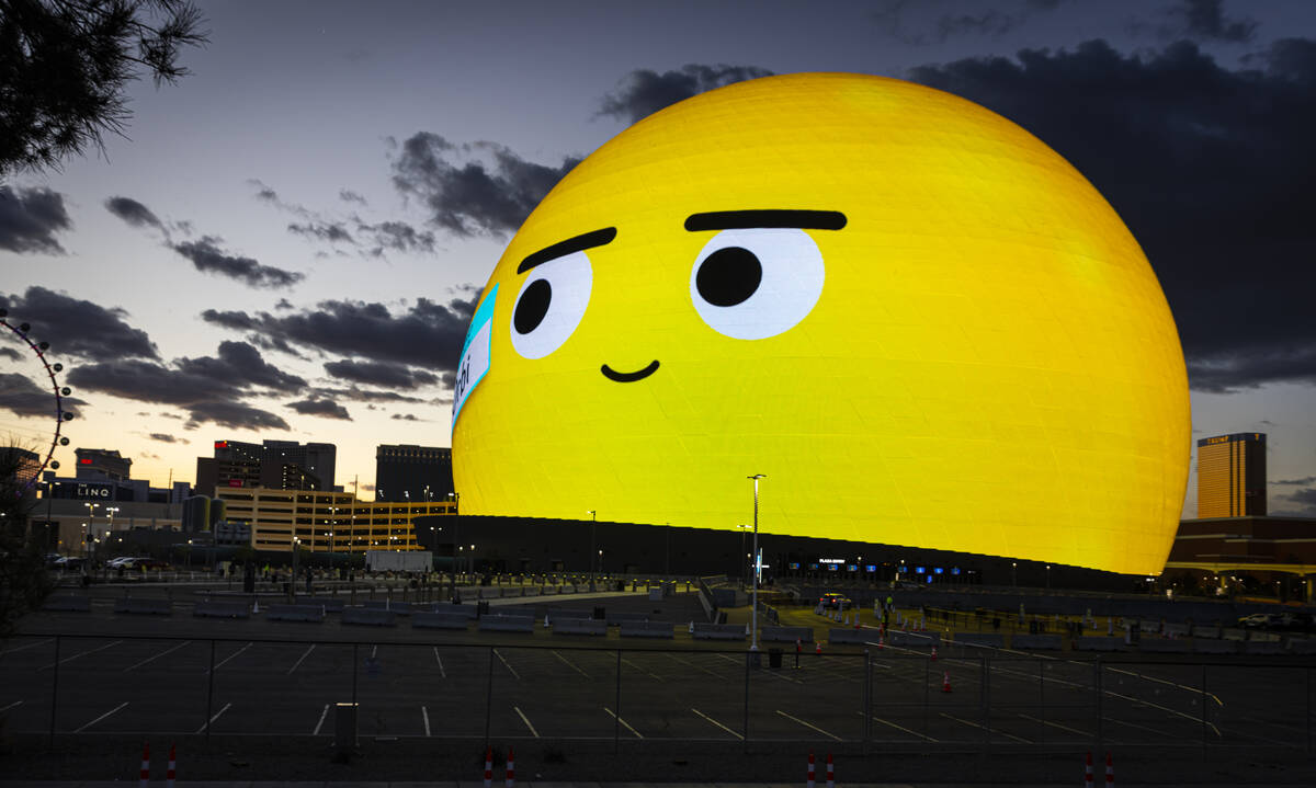 Orbi, the recently revealed name of the Sphere emoji, looks around on Monday, March 3, 2025, in ...