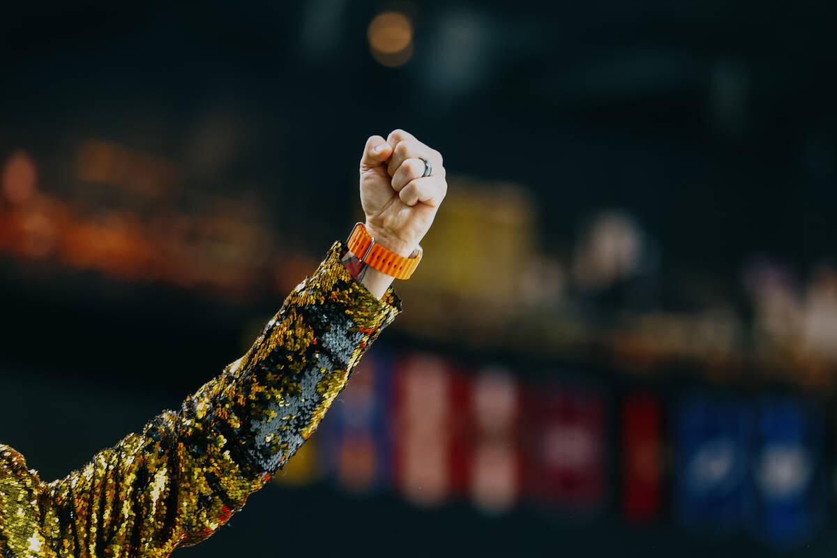 A fan lifts his arm in jubilation as the Golden Knights score their first goal of the night aga ...