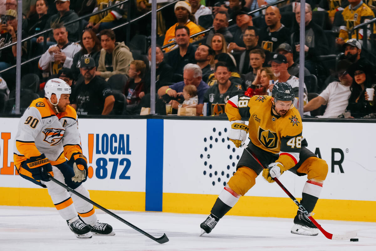 Golden Knights center Tomas Hertl (48) skates with the puck against Nashville Predators center ...