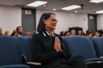 Incoming CCSD Superintendent Jhone Ebert mouthes “thank you” to the school board trustees a ...