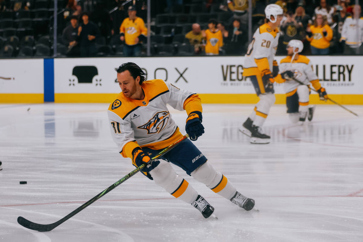 Nashville Predators center Jonathan Marchessault (81) warms up before the last home game of the ...