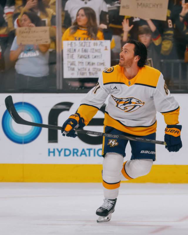 Nashville Predators center Jonathan Marchessault (81) warms up before the last home game of the ...