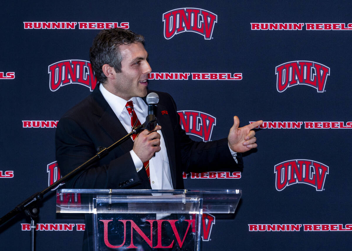 New UNLV men's basketball coach Josh Pastner speaks during and introductory press conference at ...