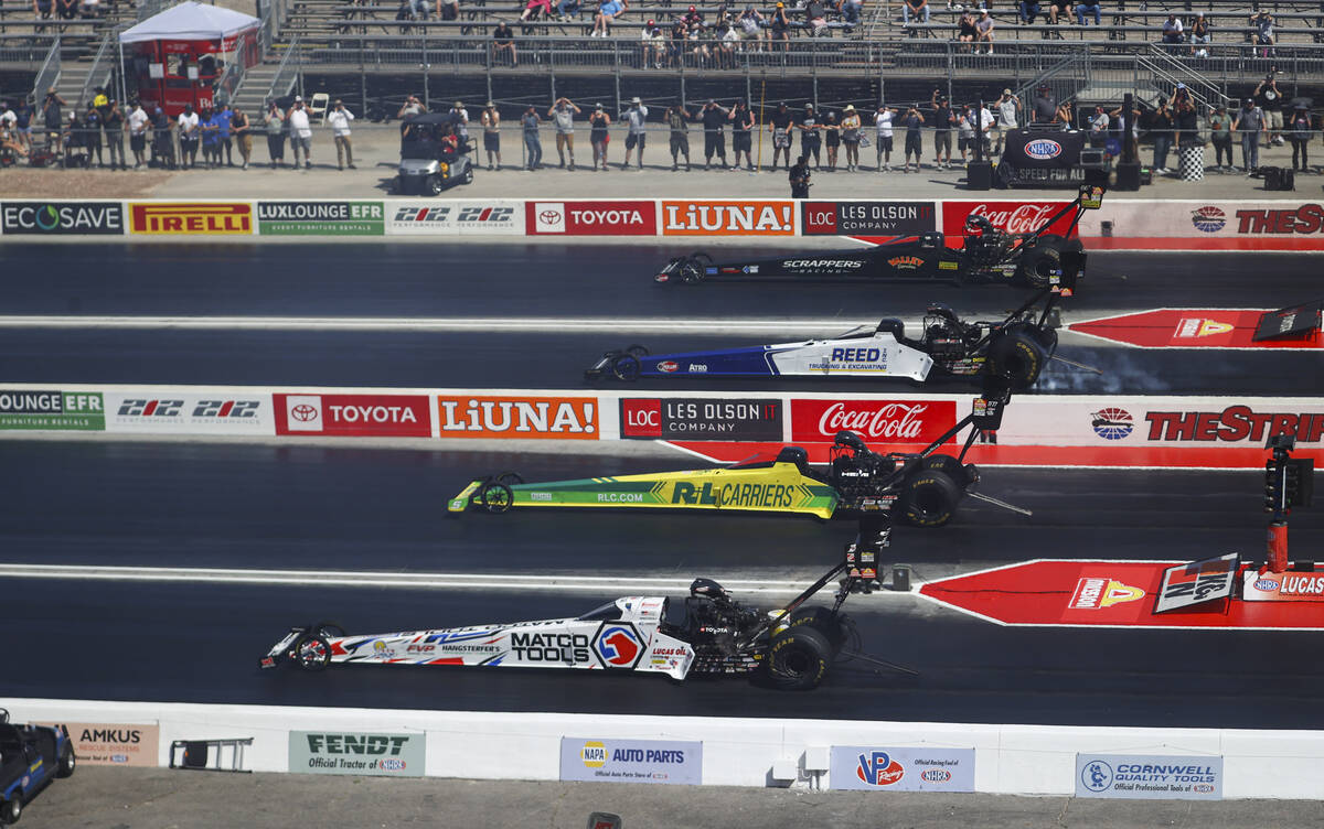 Top Fuel drivers Jasmine Salinas, top lane, Shawn Reed, second from top, Josh Hart, third lane, ...