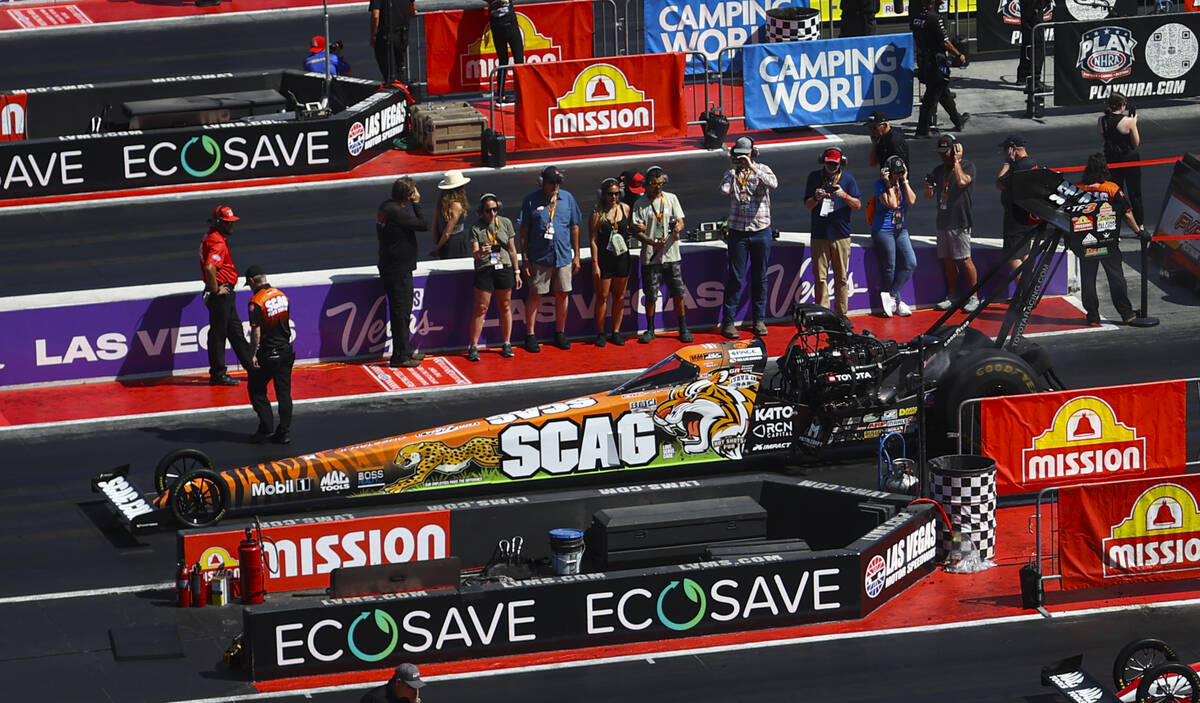 Top Fuel driver Justin Ashley prepares to compete in the second round during the NHRA 4-Wide Na ...