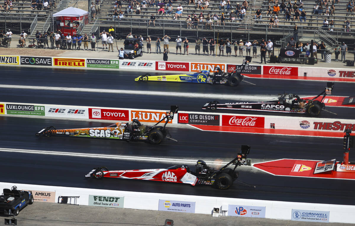 Top Fuel drivers, from top, Tony Stewart, Steve Torrence, Justin Ashley and Doug Kalitta compet ...
