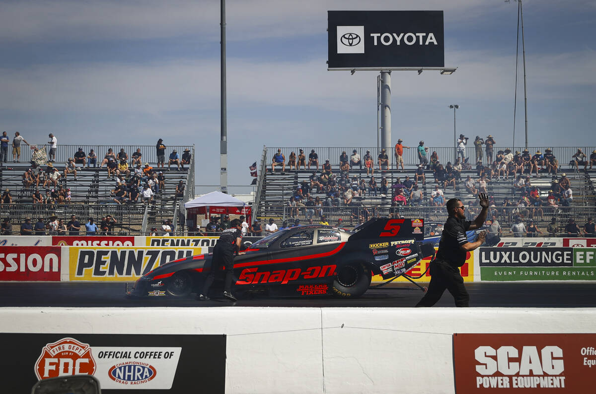 Funny Car driver Cruz Pedregon warms up during the NHRA 4-Wide Nationals at The Strip at Las Ve ...