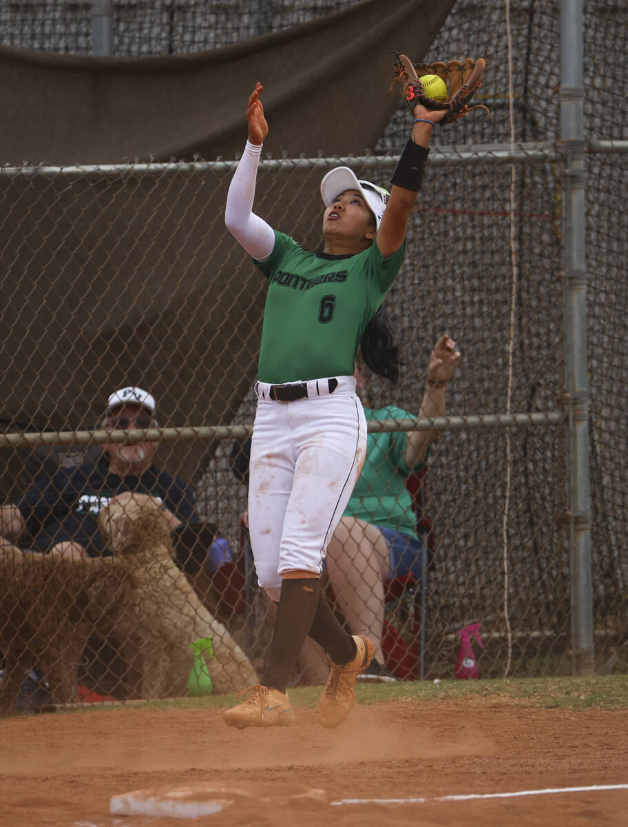 Palo Verde's Kayleen Enriquez catches a fly ball from Coronado during a softball game at Palo V ...