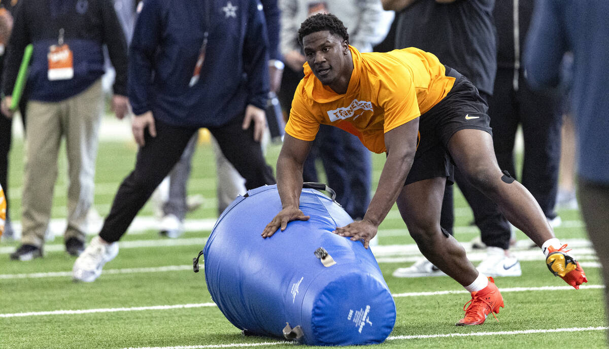 Tennessee's James Pearce Jr. runs a drill during Tennessee's NFL Pro Day, Tuesday, March 11, 20 ...
