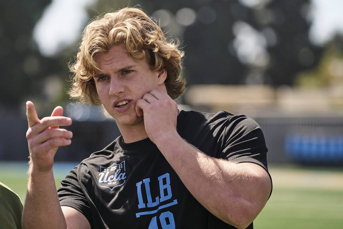 UCLA linebacker Carson Schwesinger attends the team's NCAA college football pro day in Los Ange ...