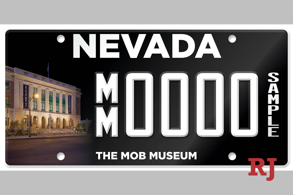 This image provided by the Mob Museum shows a sample of a new Nevada specialty license plate to ...