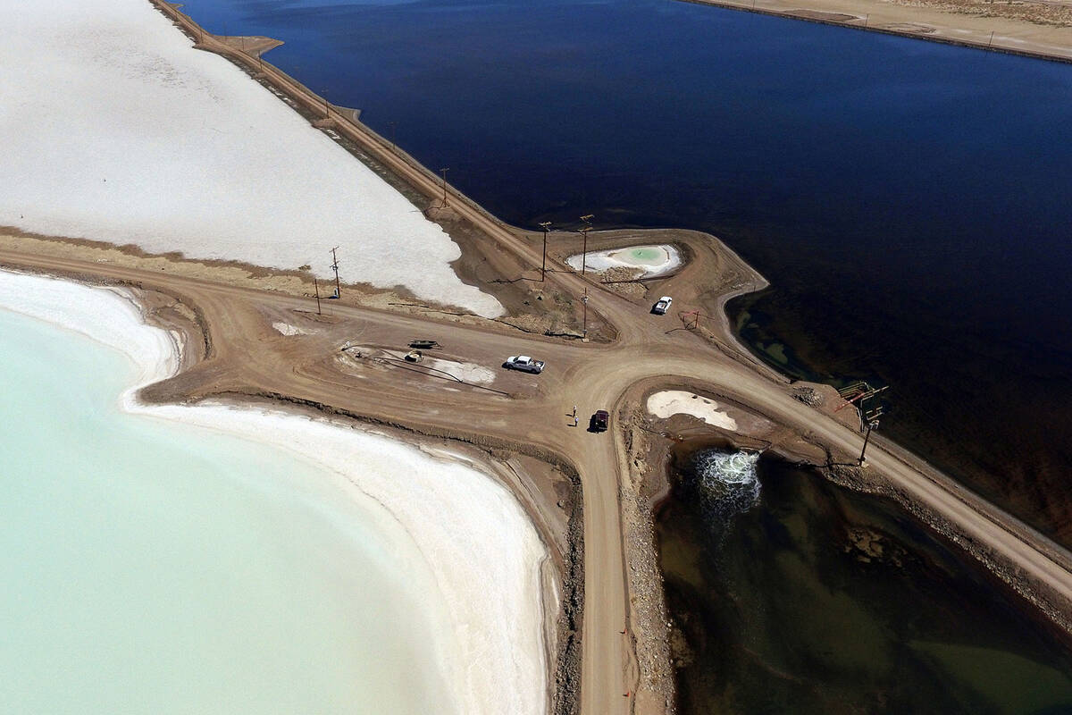 Lithium brine evaporation ponds at Albemarle's lithium mine in Silver Peak is shown on Sept. 21 ...