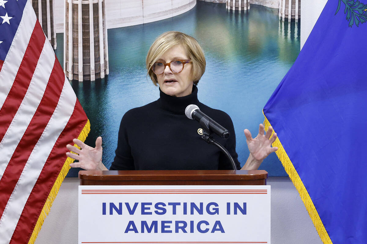 Rep. Susie Lee, D-Nev., speaks during a press conference on Friday. Jan. 10, 2025, in Las Vegas ...