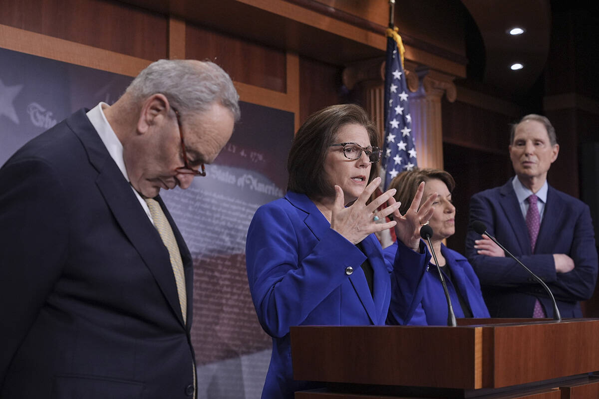 Senate Minority Leader Chuck Schumer, D-N.Y., from left, Sen. Catherine Cortez Masto, D-Nev., S ...