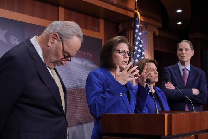 Senate Minority Leader Chuck Schumer, D-N.Y., from left, Sen. Catherine Cortez Masto, D-Nev., S ...