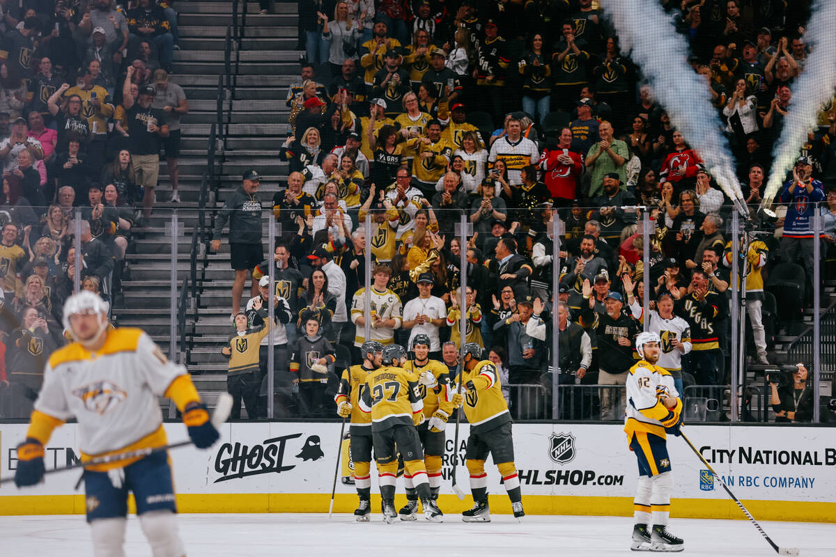 The Golden Knights celebrate a goal scored against the Nashville Predators during the second pe ...