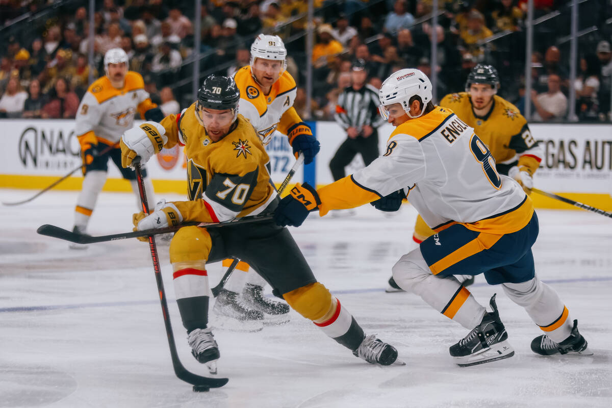 Golden Knights left wing Tanner Pearson (70) skates with the puck against Nashville Predators d ...