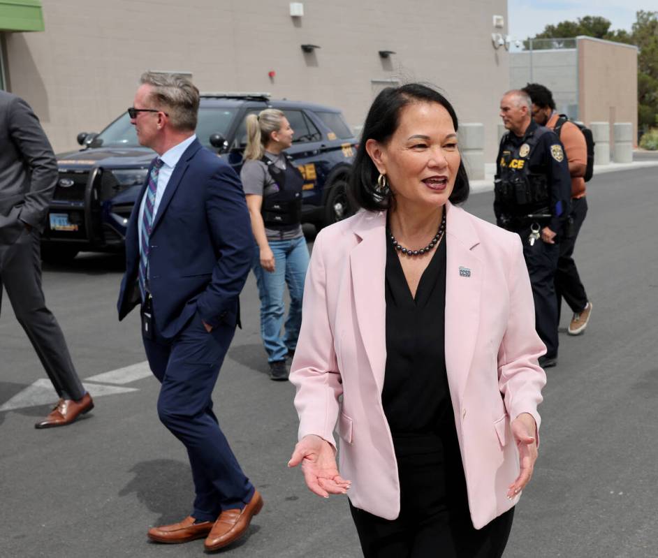 New Clark County School District Superintendent Jhone Ebert talks with a reporter during a visi ...