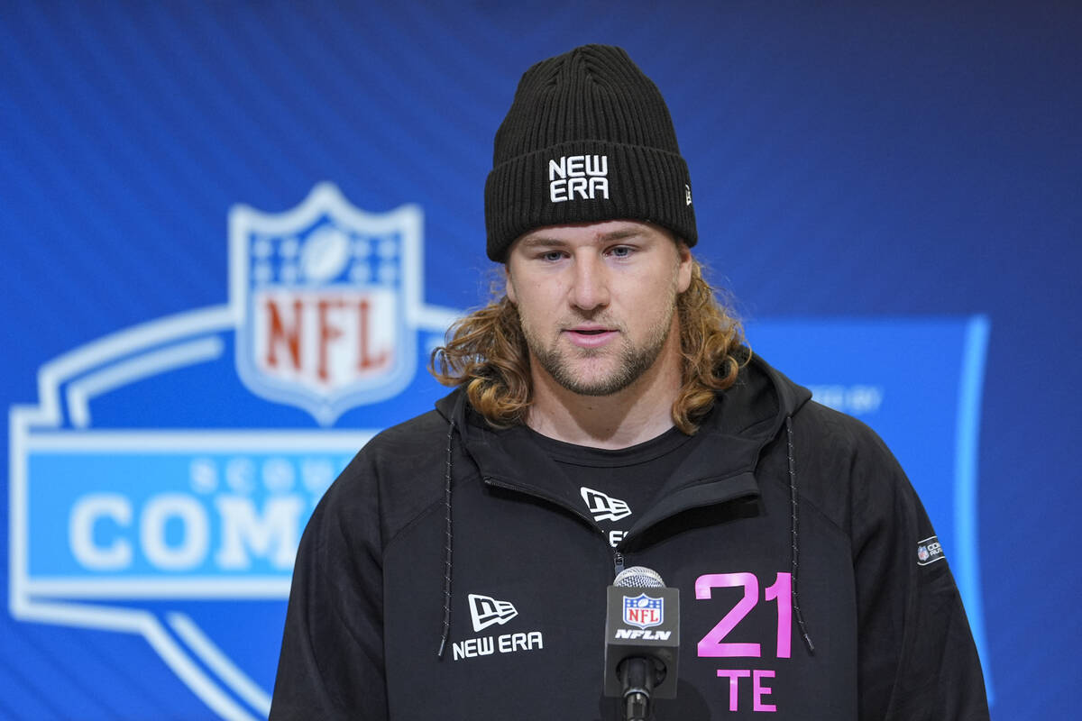 Penn State tight end Tyler Warren speaks during a press conference at the NFL football scouting ...