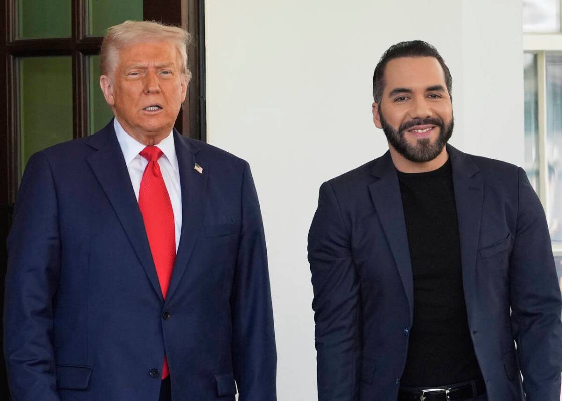 President Donald Trump, left, greets El Salvador's President Nayib Bukele as Bukele arrives at ...