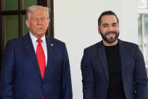 President Donald Trump, left, greets El Salvador's President Nayib Bukele as Bukele arrives at ...
