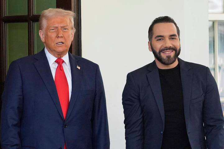 President Donald Trump, left, greets El Salvador's President Nayib Bukele as Bukele arrives at ...