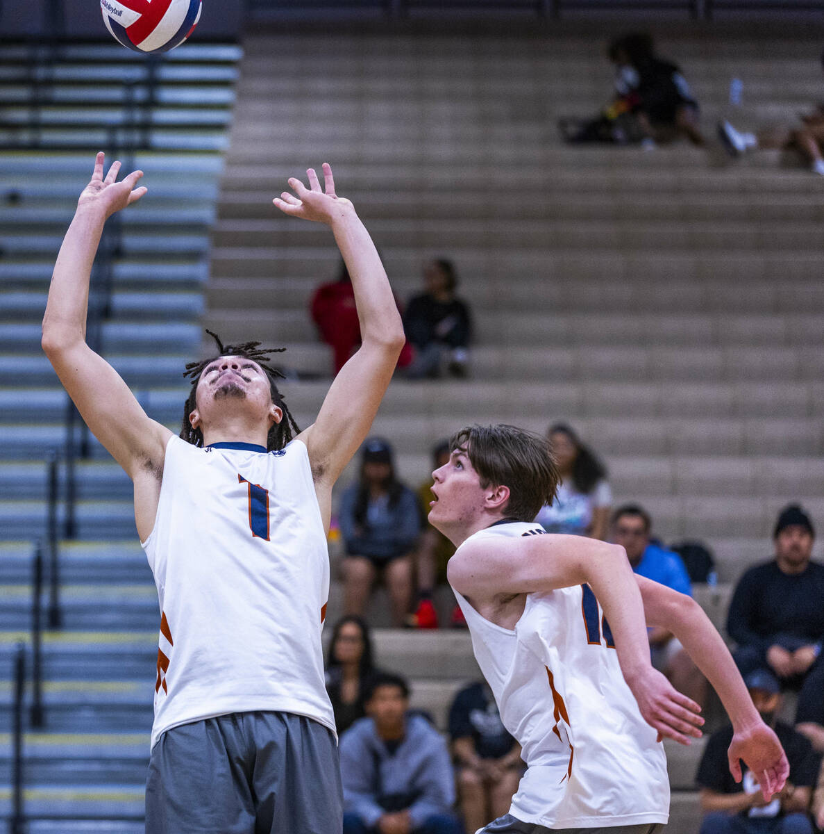 Legacy's Isaiah Moore (1) sets the ball up as teammate Cambel Tolman (13)readies to send the ba ...