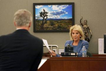 Elaine Wynn responds to questions during a hearing in Clark County District Court at the Region ...