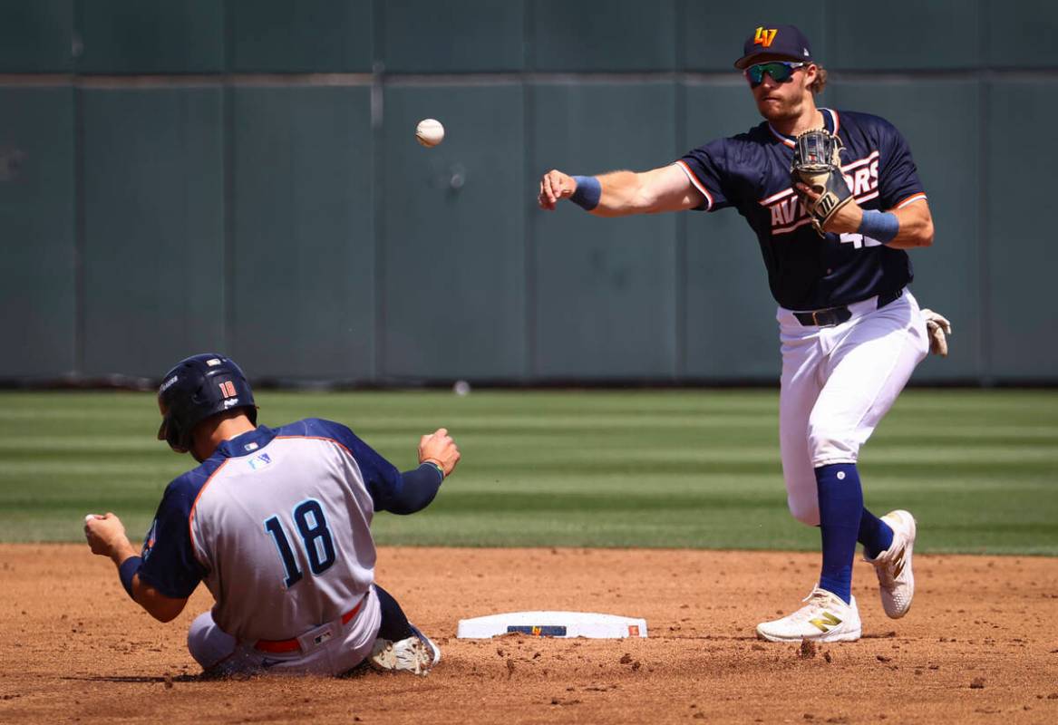 Aviators infielder Brett Harris, right, throws to first base after tagging out Sugar Land Space ...