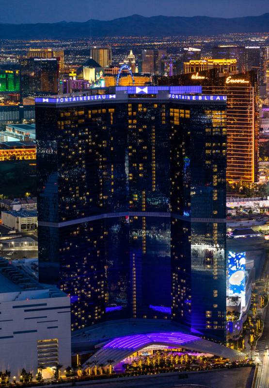The Fontainebleau dominates the skyline on the North end of the Strip along with casino operato ...