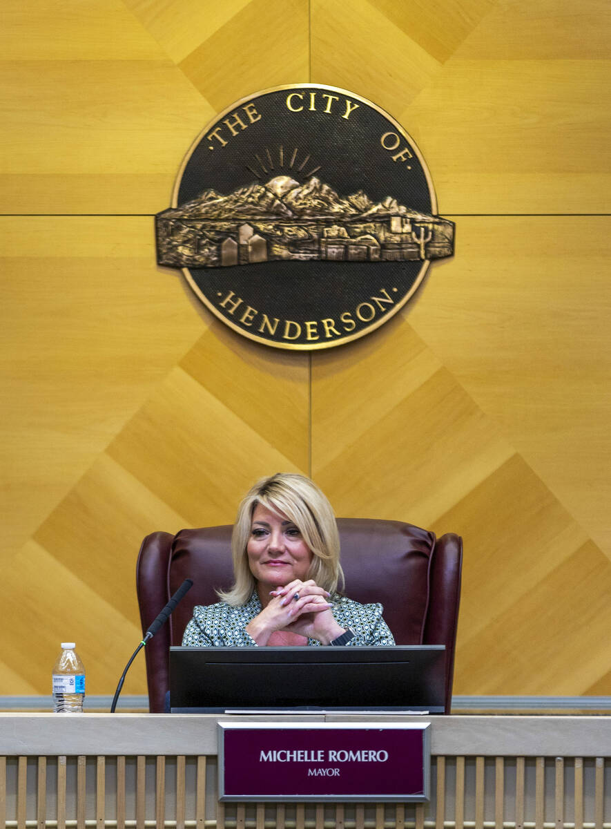 Mayor Michelle Romero listens in as the Henderson City Council holds a special session and pres ...