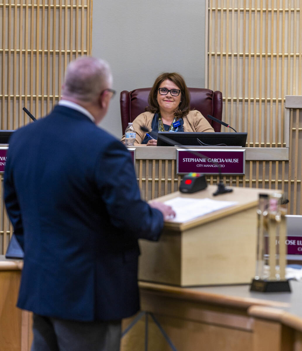 City Manager/CEO Stephanie Garcia-Vause looks to presenter Josh Racette as the Henderson City C ...