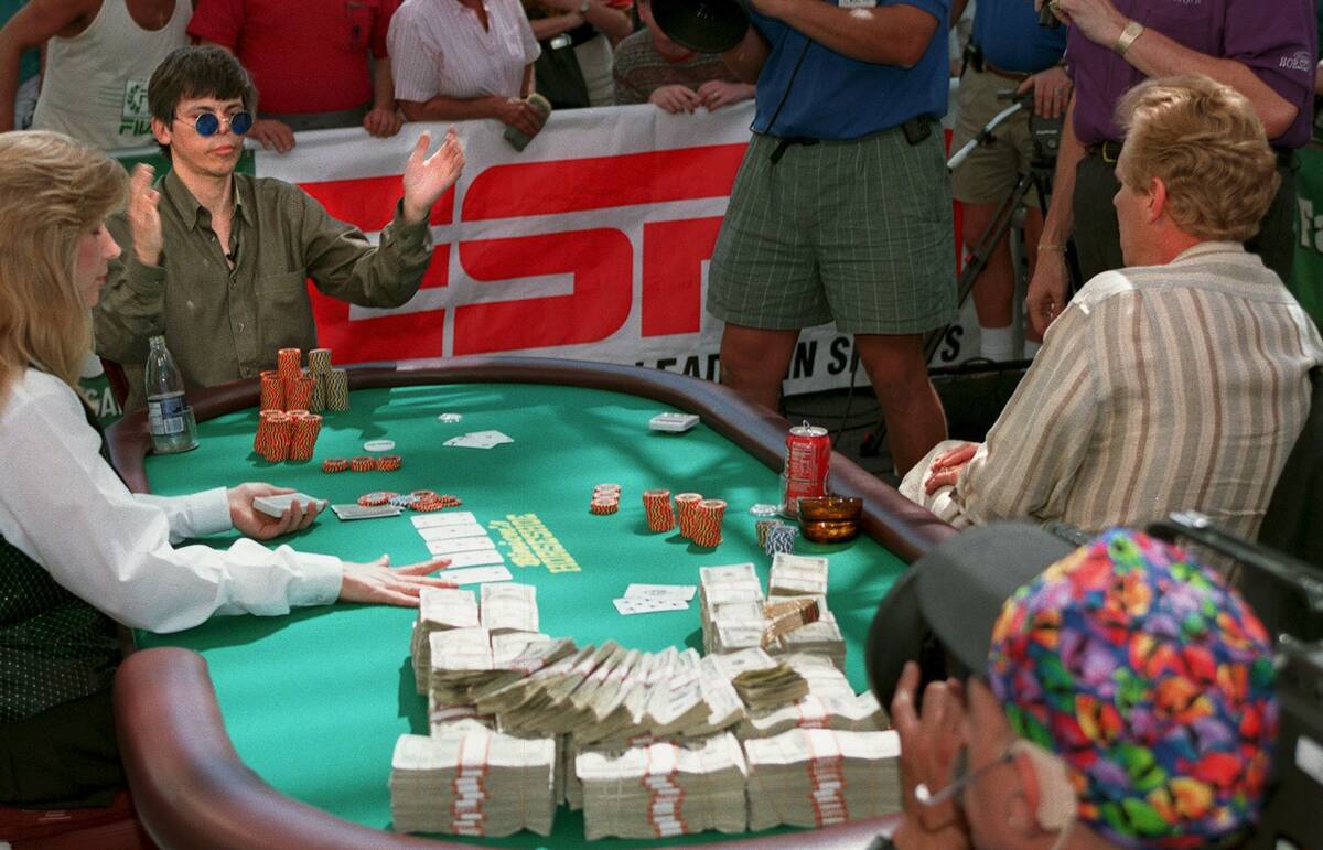 Stu Unger claps after a deuce comes up on the final card to beat John Strzemp and win the World ...