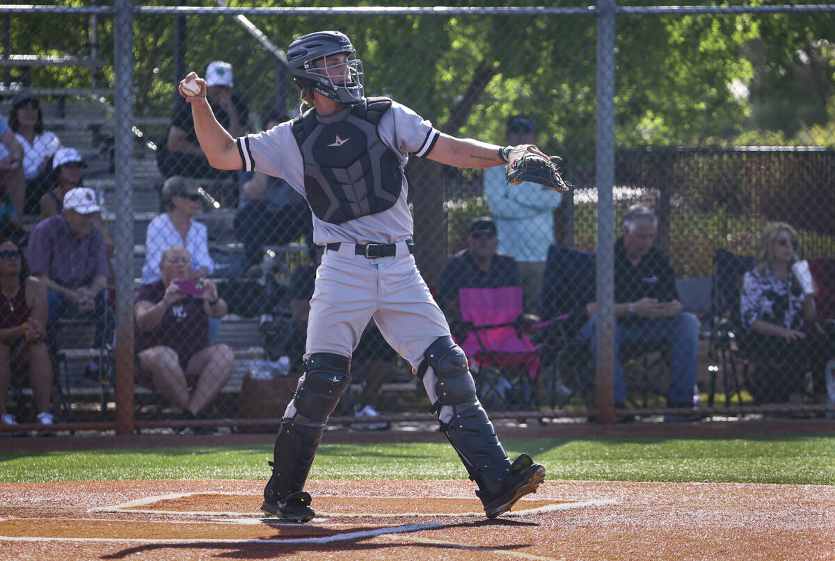 Palo Verde catcher Brady Dallimore looks to throw the ball during a baseball game at Faith Luth ...