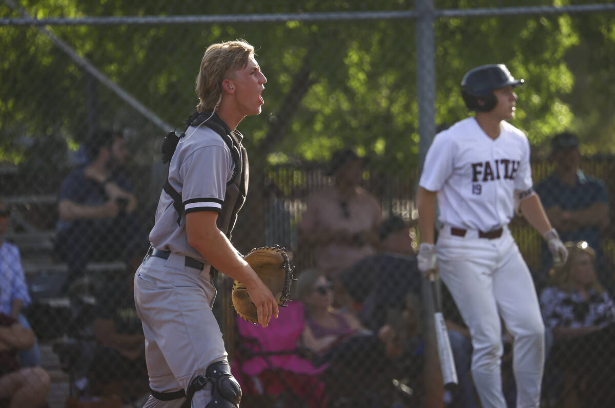 Palo Verde catcher Brady Dallimore shouts to his team during a baseball game at Faith Lutheran ...