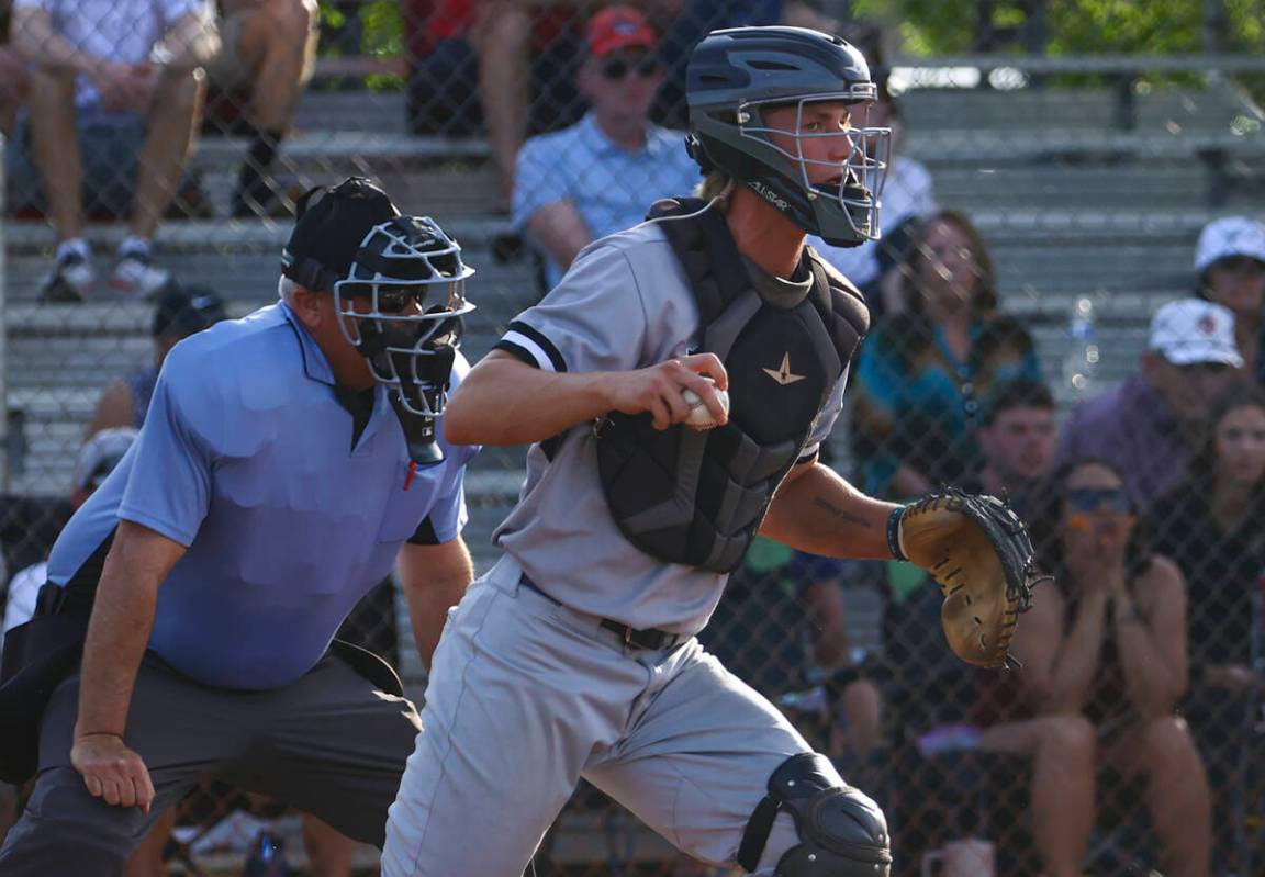 Palo Verde catcher Brady Dallimore looks to throw the ball during a baseball game at Faith Luth ...