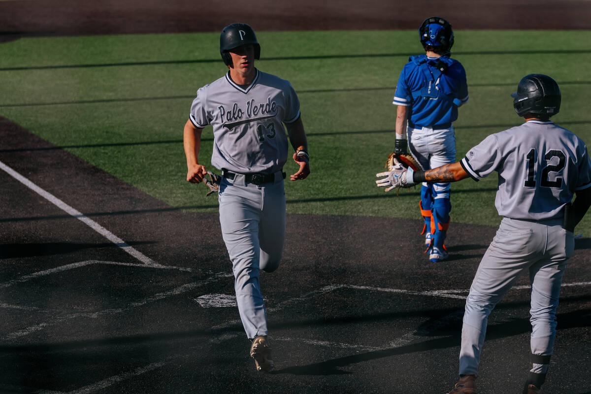 Palo Verde’s Brady Dallimore earns a run for the Panthers during a baseball game against ...