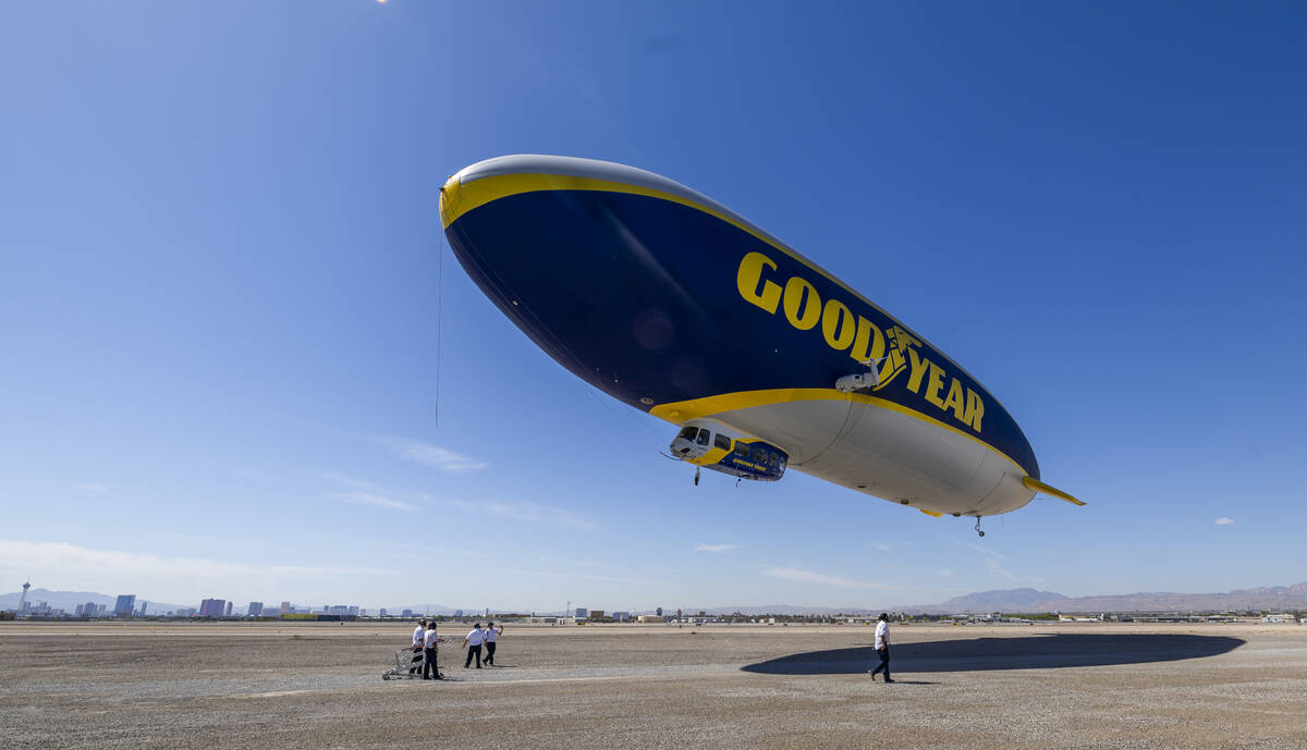 The Goodyear blimp launches from the North Las Vegas Airport while in town to provide aerial co ...