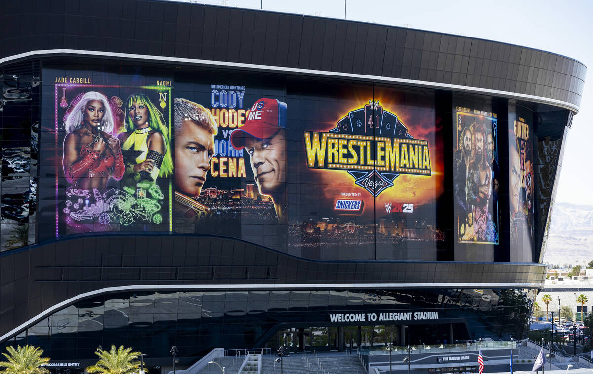 Allegiant Stadium will host WrestleMania this week as the Goodyear blimp in town to provide aer ...
