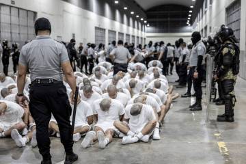 In this photo provided by El Salvador's presidential press office, a prison guard transfers dep ...