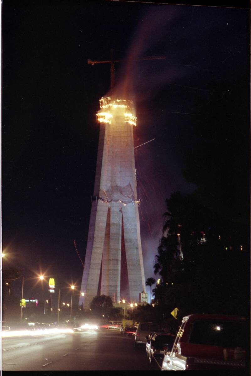 A spectacular three-alarm fire at the Vegas World Stratosphere Tower project that could be seen ...
