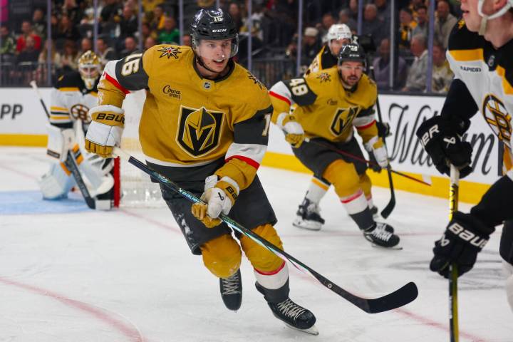 Golden Knights left wing Pavel Dorofeyev (16) skates against the Bruins during the third period ...