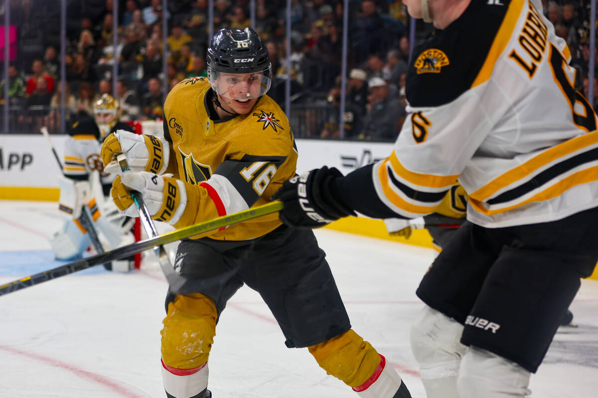 Golden Knights left wing Pavel Dorofeyev (16) and Boston Bruins defenseman Mason Lohrei (6) fig ...
